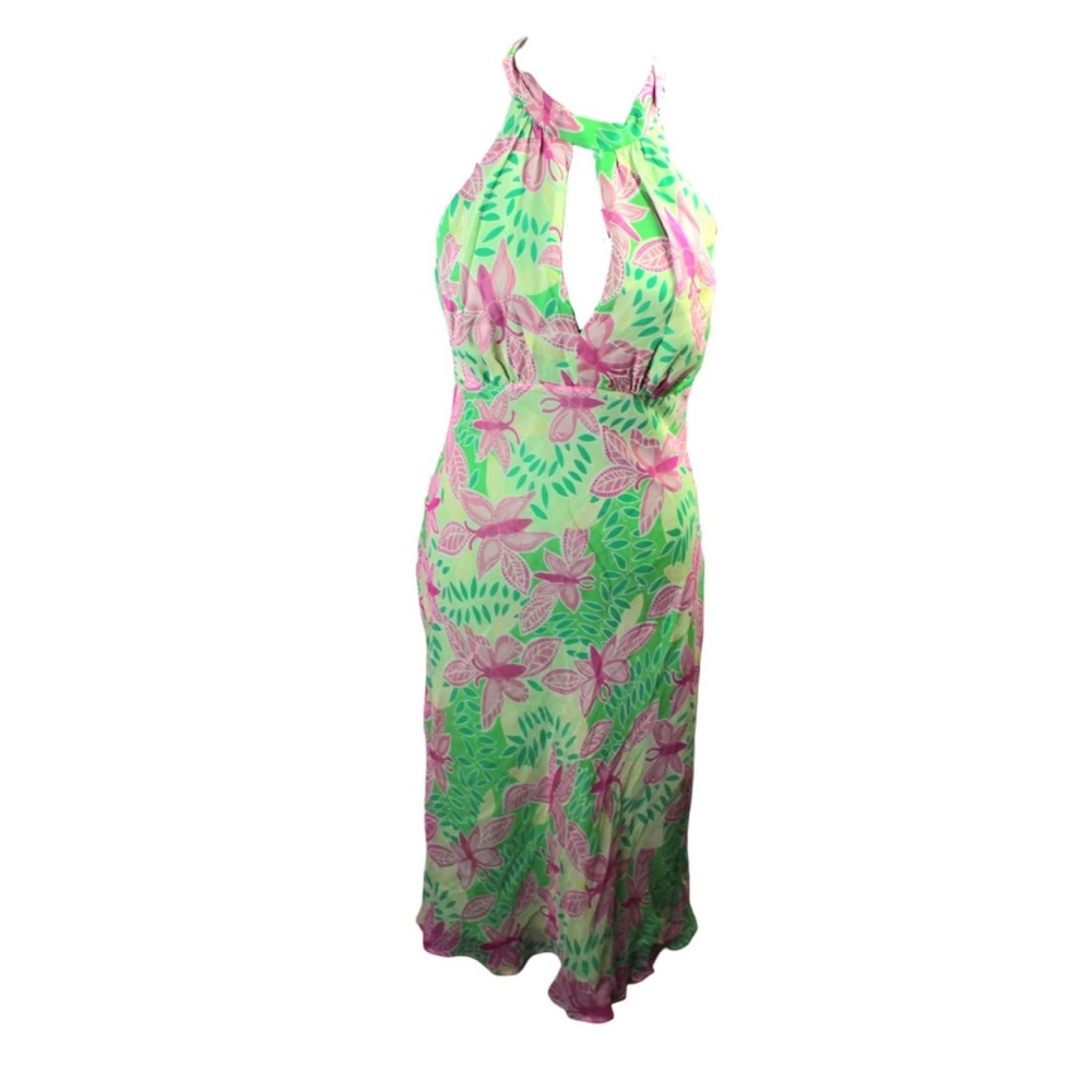 LILLY PULITZER Butterfly Floral Silk Gianna Midi Halter dress 6 Sleeveless Green